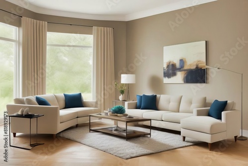 Living moderno, diseño de interiores, combinación de colores claros en tonos pastel y azul francia