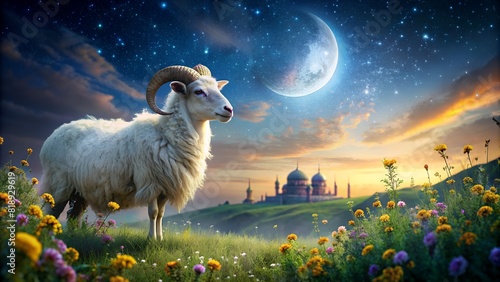 Landscape with a goat, Eid al-Adha Mubarak background 