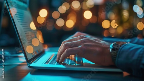 Closeup businessman hands typing on laptop computer keyboard in office. Generated AI image