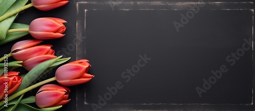 A black chalkboard mockup with vibrant red tulip flowers is placed on a dark grey concrete background The blackboard functions as a menu easel offering ample space for text content such as prices sal