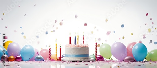 The birthday theme is captured in a vibrant copy space image featuring paper decorations confetti serpentine cone shaped caps blowouts cake candles and balloons against a subtle light gray backdrop 1