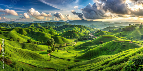 Green hills undulate under dramatic skies, hinting at a lush, fertile landscape as far as the eye can see.A narrow winding road crosses the green terrain, the small settlement hidden in the valleys.AI