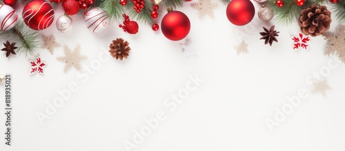A charming Christmas background depicting a xmas tree adorned with festive red ornaments set against a white wooden backdrop Additionally there is a magical deer and gift wrapped craft paper with dec