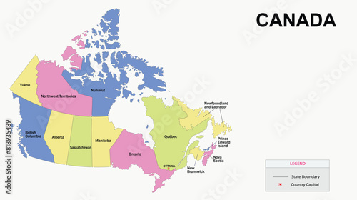 Canada Map. State and district map of Canada. Detailed colourful map of Canada.