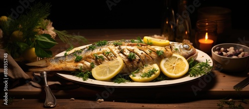 Grilled trout with lemon and onion on a plate capturing a copy space image