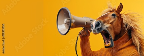 Creative banner a horse with a human-like pose using a megaphone. Horse head with a stylized human body dressed in a sweater, set against a solid orange background.