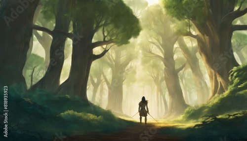 A lone adventurer treads a sunlit path through an enchanting green forest, shrouded in mystery and the allure of the unknown.. AI Generation