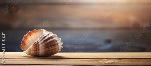 A seashell rests on a wooden table with a textured surface leaving space for copy in the image