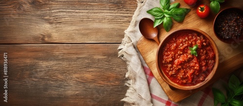 A wooden cutting board with a bowl of fresh bolognese sauce placed on a linen tablecloth The image is captured from a top down perspective leaving copy space available