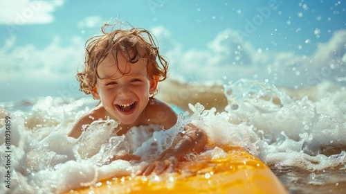 joyful portrait of a happy child having fun on a bodyboard riding the waves on a summer beach holiday
