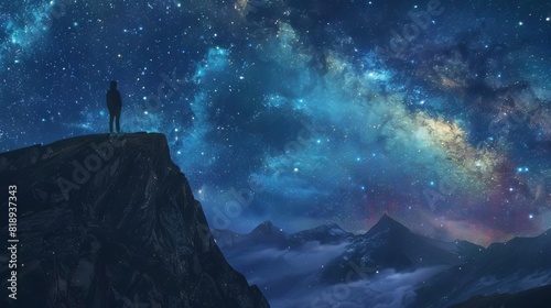 lone adventurer gazing at aweinspiring starry night sky from hilltop vantage point digital painting
