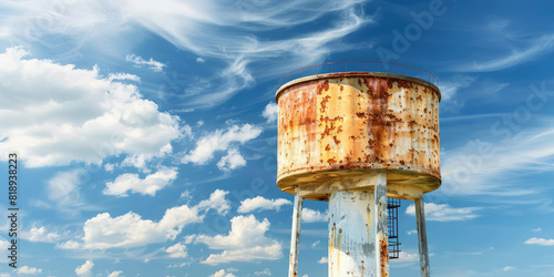 A rusty water tower on the summer sky background.