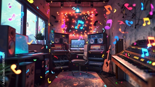 A colorful array of musical notes floating around a small, cozy recording studio setup