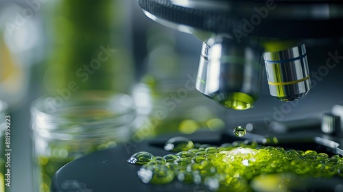 macro closeup of green algae under microscope in science laboratory setting studying microorganisms