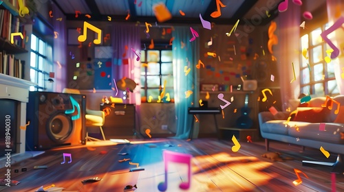 A colorful array of musical notes floating around a small, cozy recording studio setup