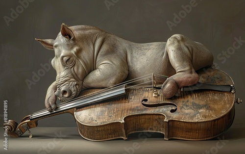 Hippo sleeping gently ona a double bass, Boring music poster.