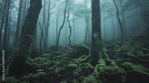 misty aokigahara forest with gnarled trees and mossy rocks eerie long exposure