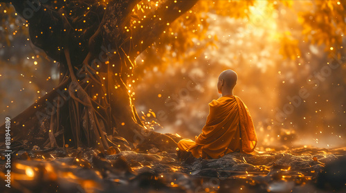 A monk sitting under a tree with fireflies around him.