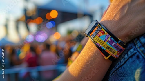 Close-up of colorful festival wristbands and tickets on a wrist, showing the vibrant atmosphere of an outdoor event with blurred lights. 