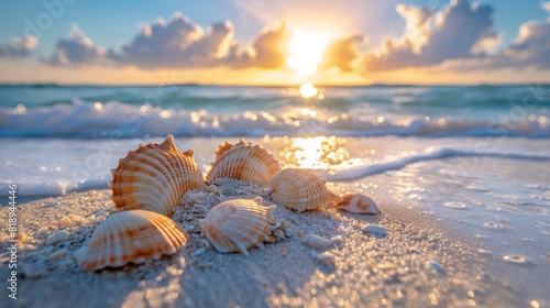 Seashells on the beach at sunset, with waves gently lapping the shore and the sun casting a golden glow on the tranquil scene. 