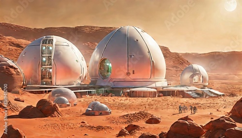 An imaginative depiction of a Mars settlement, featuring domed habitats on the Red Planet's dusty terrain under a pale sky.. AI Generation