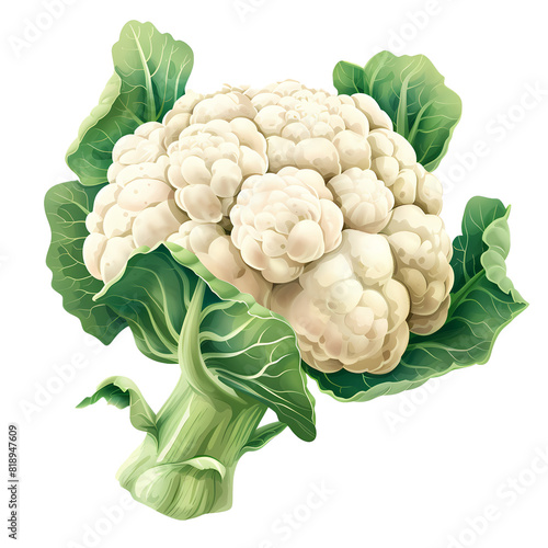 Fresh cauliflower with green leaves on a white background
