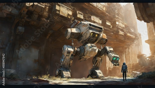 A colossal, bipedal mech robot stands in the ruins of a deserted city, with a solitary figure standing before it.. AI Generation