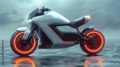 generic modern concept design speed motorbike displayed at showroom or garage bike with datum infographic information turbo or electric engine as wide banner with copy space area