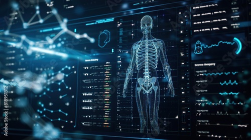 DNA medical screen hologram science hud data analysis body research background futuristic