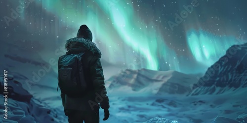 silueta persona aventurera en un viaje para ver auroras boreales, excursionista contemplando una aurora boreal, paisaje minimalista aurora boreal