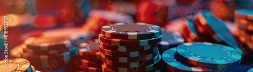 Close-up of casino poker chips in various denominations on a table, showcasing the diversity of bets focus on, betting diversity, futuristic, Composite, casino floor