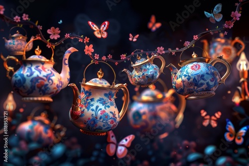 digital art of whimsical teapots and cups floating in the air, pouring tea into each other to form an elaborate design, with colorful patterns on their bodies, set against a dark background.