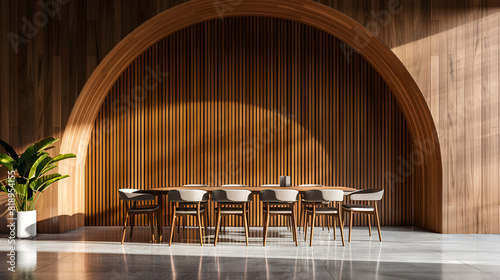 Minimalist interior design of modern dining room with abstract wood paneling arched wall ai generative