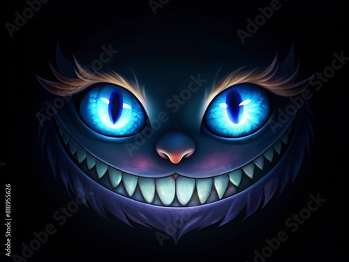 Mad cheshire smile and eyes on black background.