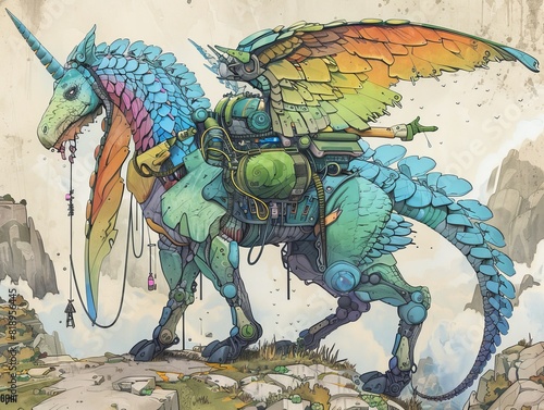Post-apocalyptic Pegasus warrior with a tomahawk, guarded by colorful hydras in blue, mustard, mauve, and green.