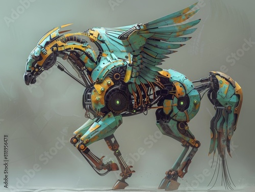 Post-apocalyptic Pegasus wields a cyber tomahawk, facing hydras in blue, mustard, mauve, and green. Eerie and captivating scene.