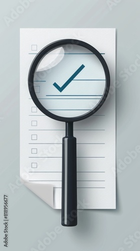 A close-up of a magnifying glass focused on an approve document icon, symbolizing management approval and project completion in a modern minimalist style.