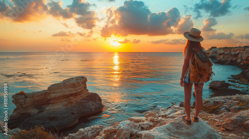 A woman enjoys a breathtaking sunset over the sea, standing on rocky cliffs.