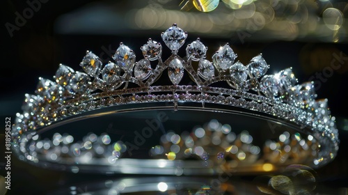 A sparkling diamond tiara on display with intricate design and gleaming gems. Created with Generative AI.