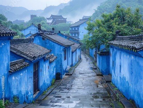 Robotic bird with white wings perched on houses surrounded by nature, holding a Zongzi in light blue and cobalt hues.