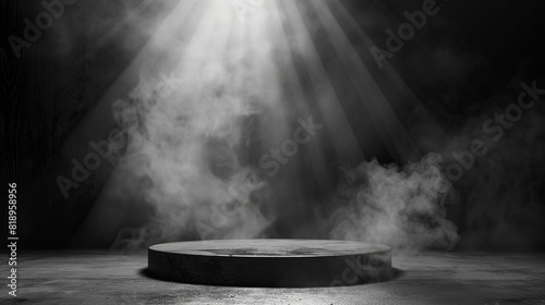 A spotlight shines down on a small, round stage