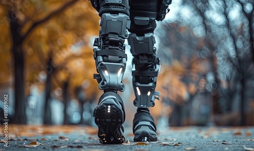 A man with robotic prosthetics walks down the street