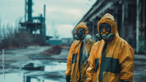 Environmental engineers inspect water quality and take samples near farmland, concerned about potential contamination from toxic waste or suspicious pollution sites in natural water sources.