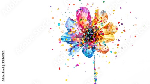 Artistic collage of a flower silhouette made up of tiny colorful petals, isolated on a clean white background