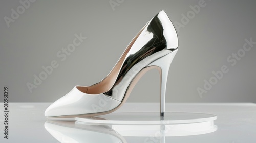 Elegant white and silver stiletto heel on a white stand with a grey background. Created with Generative AI.