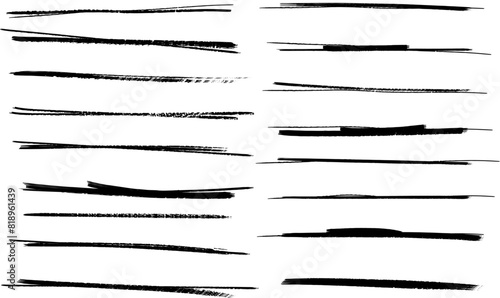 Strikethrough lines isolated. Set of different doodle underlines. Grunge collection of brush strokes written on a white background. Horizontal hand drawn marker stripes