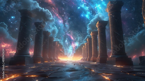A long, narrow path with pillars and a sky full of stars