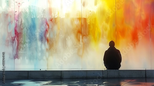 Man sits alone in front colorful wall