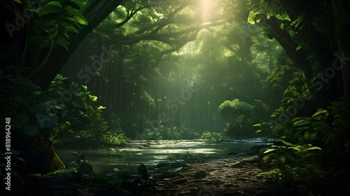 Ancient rainforest with old trees. Generative AI.