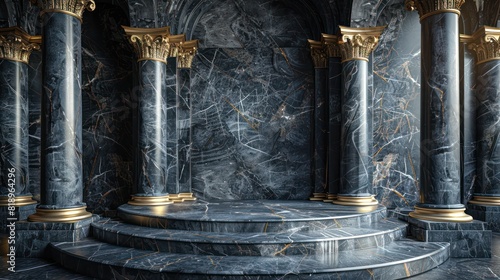 A large marble room with pillars and a marble staircase